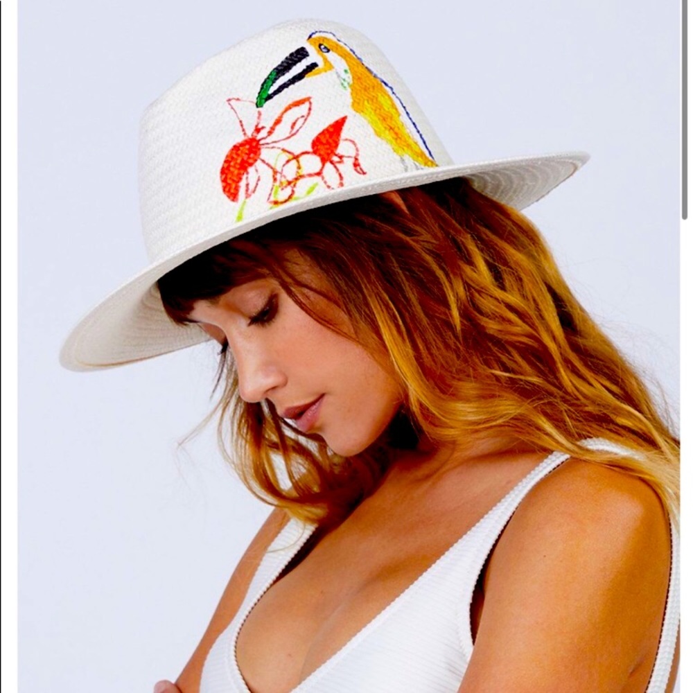 Onia Rosa Panama Hat w Hand Painted Toucan & Flower Detail Limited Edition NWT
